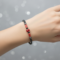 925 Starling Silver Beaded Bracelet with Black Onyx And Red Coral, Silver Spacers, Spring RIng Clasp | BJBR-010