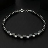 925 Starling Silver Black Hematite Beaded Bracelet with Silver Cube Accents, Spring Ring Clasp, Unisex Jewelry | BJBR-023