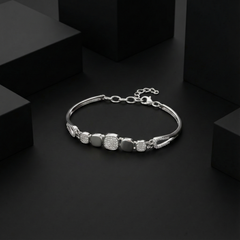 925 Sterling Silver Geometric Link Bracelet with Pave Cubic Zirconia & Polished Accents - Adjustable Fit | BJBR-072