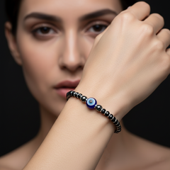 925 Starling Silver Beaded Bracelet with Blue Evil Eye Charm, Sring Ring Clasp | BJBR-014