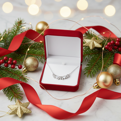 925 Sterling Silver Heart Cluster Curved Necklace – Iridescent MOP & Crystal Heart Bar Pendant | BJ-40