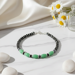 925 Starling Silver Beaded Bracelet with Green Stone, Black and Silver, Spring Ring Clasp | BJBR-017