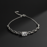 925 Sterling Silver Crystal Bracelet, Elegant Chain Link Design with Square Center Stone, Adjustable Length, Jewelry for Women| Gifts for Women & Girls & Girlfriend |Wedding and Christmas Gifts | BJBR-038