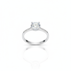 Sterling Silver Solitaire Engagement Ring with Round Cut Crystal and Pave Band, Classic Wedding Ring | BJLR-0001