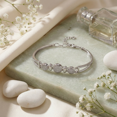 925 Sterling Silver Geometric Link Bracelet with Pave Cubic Zirconia & Polished Accents - Adjustable Fit | BJBR-073