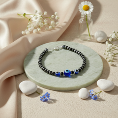 925 Starling Silver Black Onyx Beaded Bracelet with Blue Evil Eye, Silver Spring Ring Clasp, Hematite Accents | BJBR-021