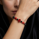 925 Starling Silver Beaded Bracelet with Black Onyx And Red Coral, Silver Spacers, Spring RIng Clasp | BJBR-010