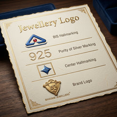 A close-up of a cream-colored jewellery authenticity card with gold border details, placed on a dark wooden surface next to a blue velvet box. The card features BIS Hallmarking, 925 Purity of Silver Marking, Center Hallmarking, and a gold brand logo for BHAVANI JEWELLERS.