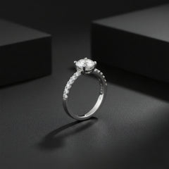 925 Sterling Silver Solitaire Engagement Ring, Round Cut Center Stone, Pave Band | BJLR-0022