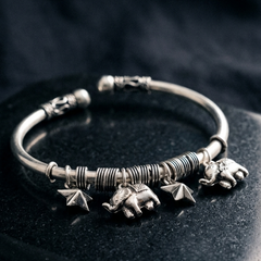 Handcrafted 925 Sterling Silver Elephant & Star Charm Bangle