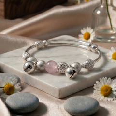 925 Sterling Silver Pink Pearl & Bell Charm Bracelet