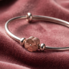 925 Sterling Silver Floral Charm Bangle – Rose Gold Toned Flower Motif Bracelet