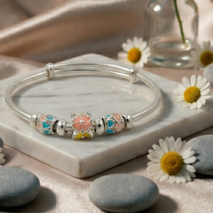 925 Sterling Silver Floral Charm Bangle
