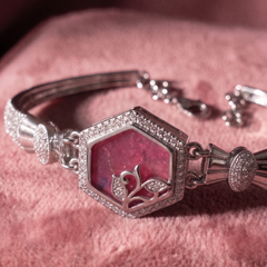 Elegant 925 Sterling Silver Hexagonal Ruby-Tone Floral Bracelet