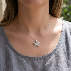 A silver starfish pendant necklace on a delicate chain, worn by a model in a gray top.