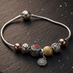 925 Sterling Silver Multi-Charm Snake Chain Bracelet | Handcrafted Mixed-Metal Aesthetic