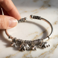 Handcrafted 925 Sterling Silver Elephant & Star Charm Bangle
