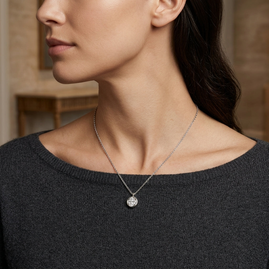 A close-up lifestyle shot of a woman wearing a delicate silver chain necklace with a small, round, clear gemstone pendant. The pendant features an engraved cross design.