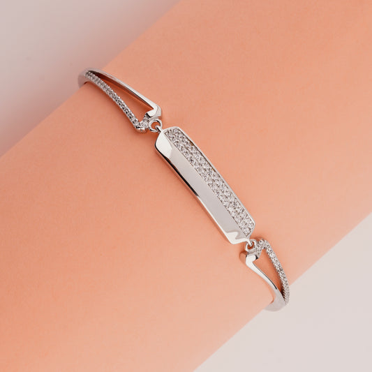 925 Sterling Silver Matte Half Zircon Baguette Adjustable Ladies Kada Bracelet