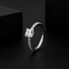 925 Sterling Silver Engagement Ring, Cushion Cut Solitaire with Pavé Band, Clear Crystal Stone | BJLR-0023