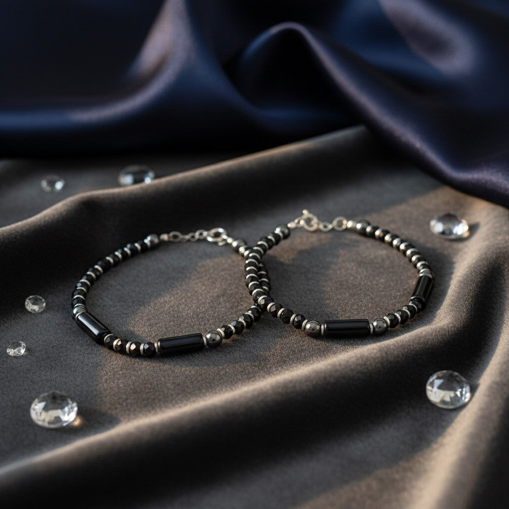 925 Starling Silver Handcrafted Black and Silver Beaded Kids Nazariya, Hematite Glass Beads, Sterling Silver Clasp | BJKDNJ-017