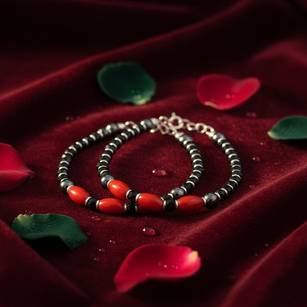 925 Starling Silver Handcrafted Red and Black Beaded Kids Nazariya, Glass Beads, Statement Jewelry for Women | BJKDNJ-08