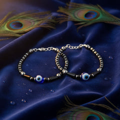 925 Starling Silver Evil Eye Hematite Kids Nazariya, Black and Silver Glass Beaded with Blue Protection Amulet, Handcrafted Jewelry | BJKDNJ-09