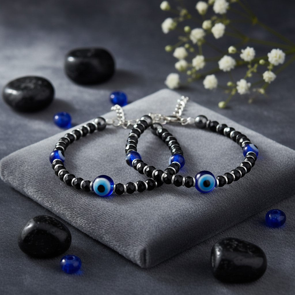 925 Starling Silver Evil Eye Protection Kids Nazariya, Black and Blue Glass Beads, Traditional Turkish Nazar Amulet Design | BJKDNJ-013