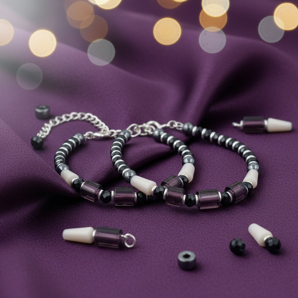 925 Starling Silver Handcrafted Beaded Kids Nazariya, Purple and Navy Glass Beads, White Accent Pieces, Statement Jewelry | BJKDNJ-011