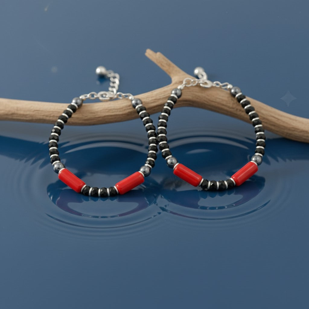 925 Starling Silver Handcrafted Beaded Kids Nazariya, Red and Black Glass Beads, Statement Jewelry | BJKDNJ-06