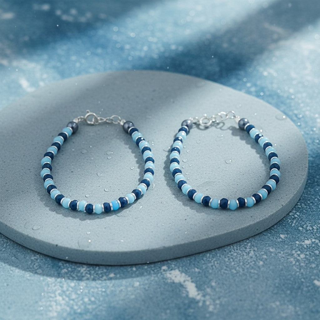 925 Starling Silver Handcrafted Beaded Kids Nazariya, Navy Blue and Light Blue Glass Beads, Summer Beach Jewelry | BJKDNJ-01