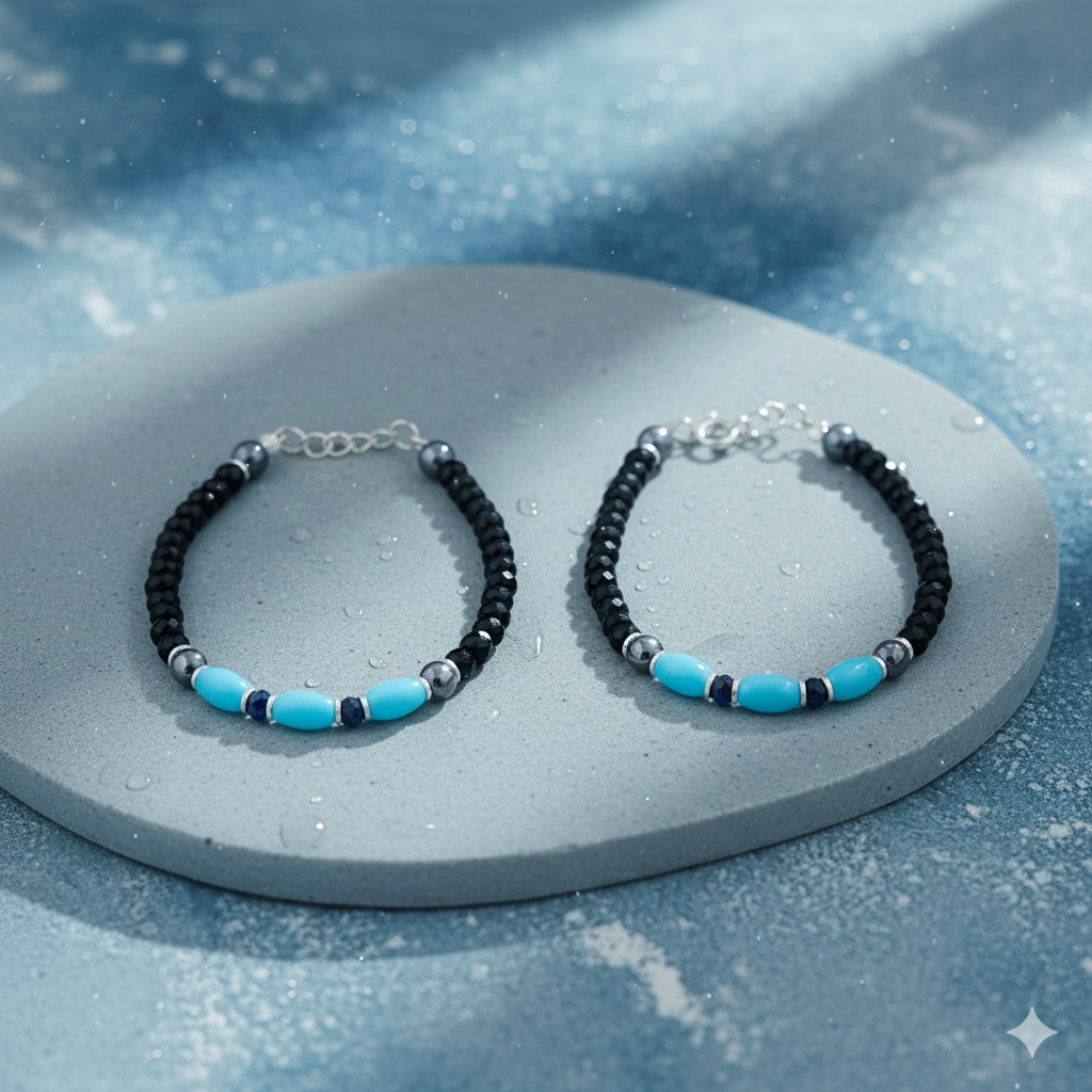 925 Starling Silver Handcrafted Beaded Kids Nazariya, Hematite Grey with Turquoise Blue Accents, Navy Crystal Spacers&nbsp | BJKDNJ-03