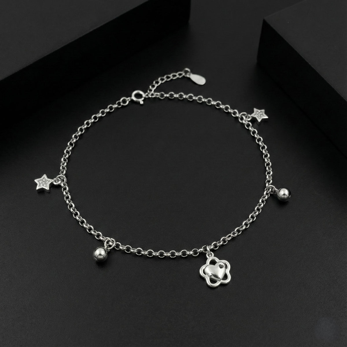 925 Starling Silver Chain Anklet with Star Charms and Beads, Adjustable Clasp | BJAK-0001