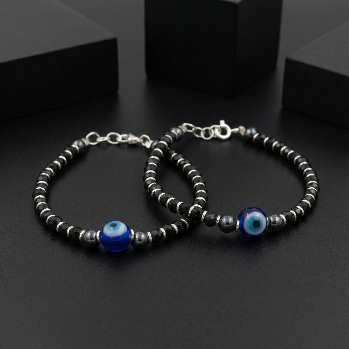 925 Starling Silver Evil Eye Protection Kids Nazariya with Blue Glass Beads, Crystal Design, Traditional Amulet Style | BJKDNJ-02