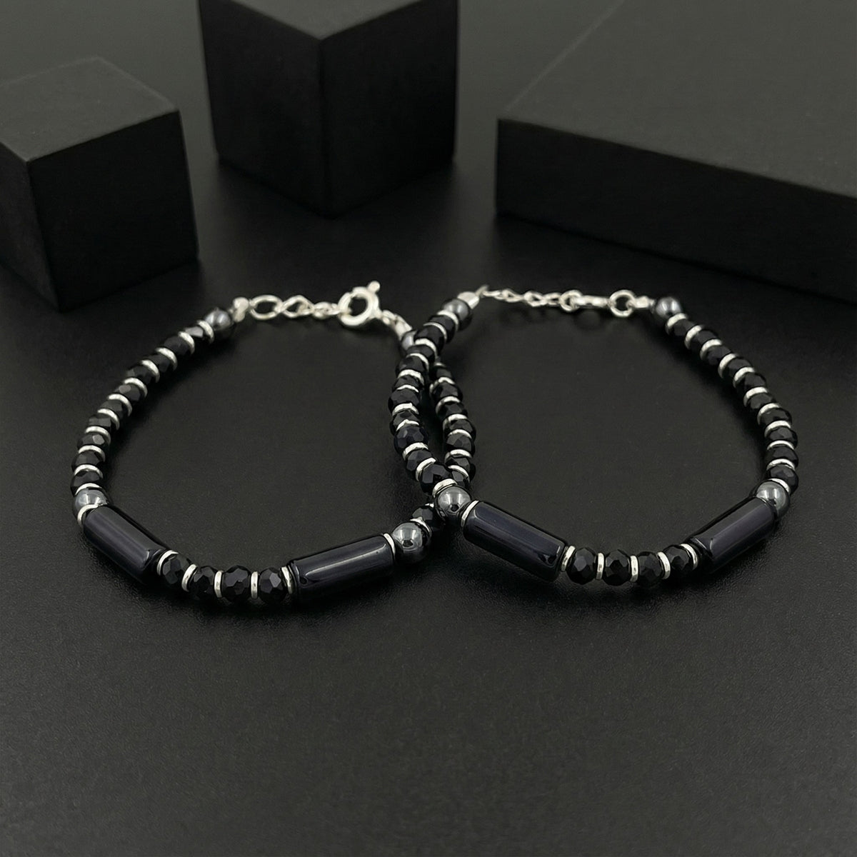 925 Starling Silver Handcrafted Black and Silver Beaded Kids Nazariya, Hematite Glass Beads, Sterling Silver Clasp | BJKDNJ-017