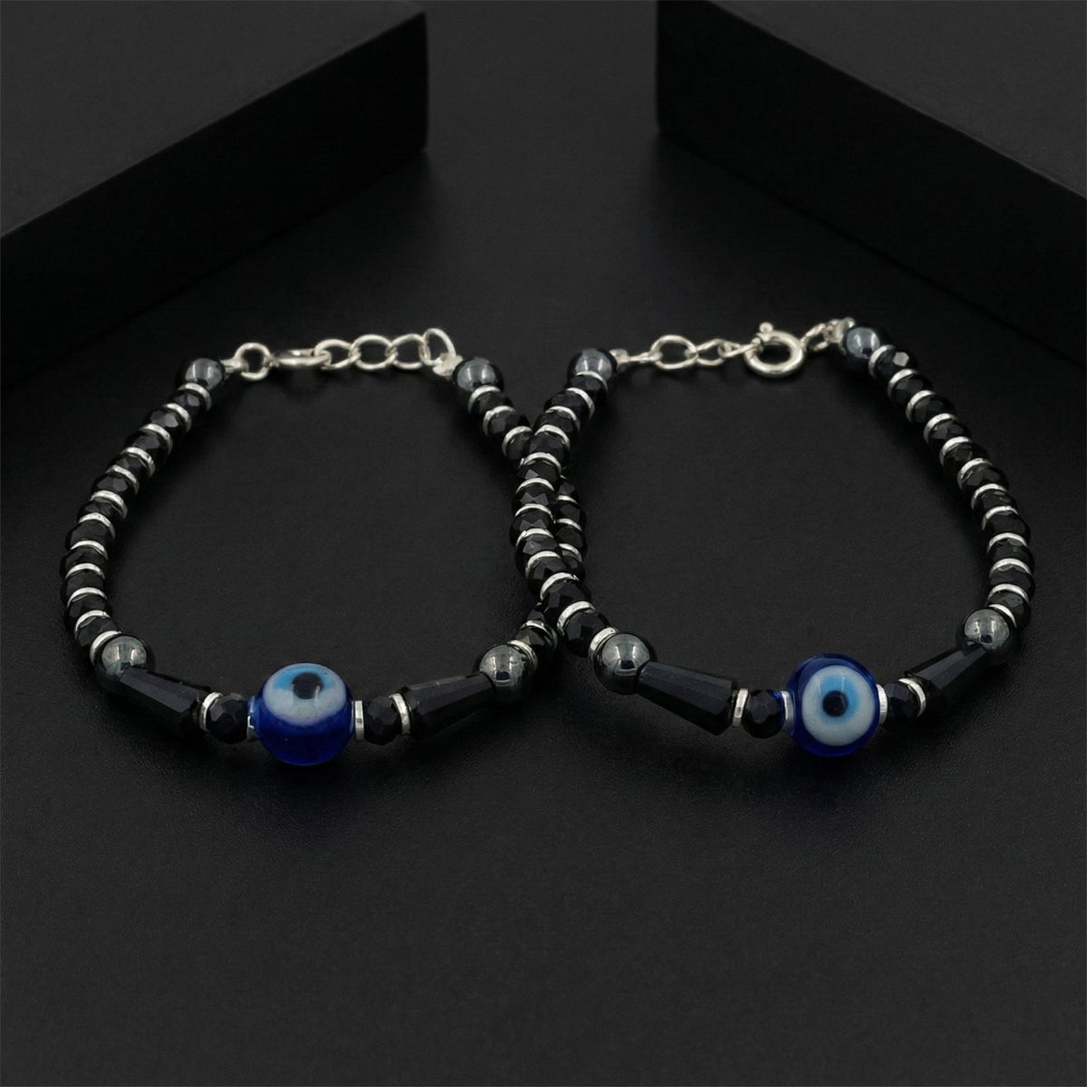 925 Starling Silver Evil Eye Hematite Kids Nazariya, Black and Silver Glass Beaded with Blue Protection Amulet, Handcrafted Jewelry | BJKDNJ-09