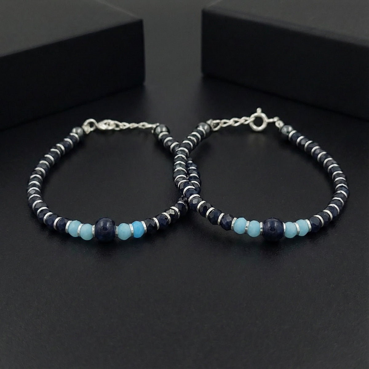 925 Starling Silver Handcrafted Glass Bead Kids Nazariya, Navy Blue and Light Blue Crystal Beads, Jewelry for Kids | BJKDNJ-015