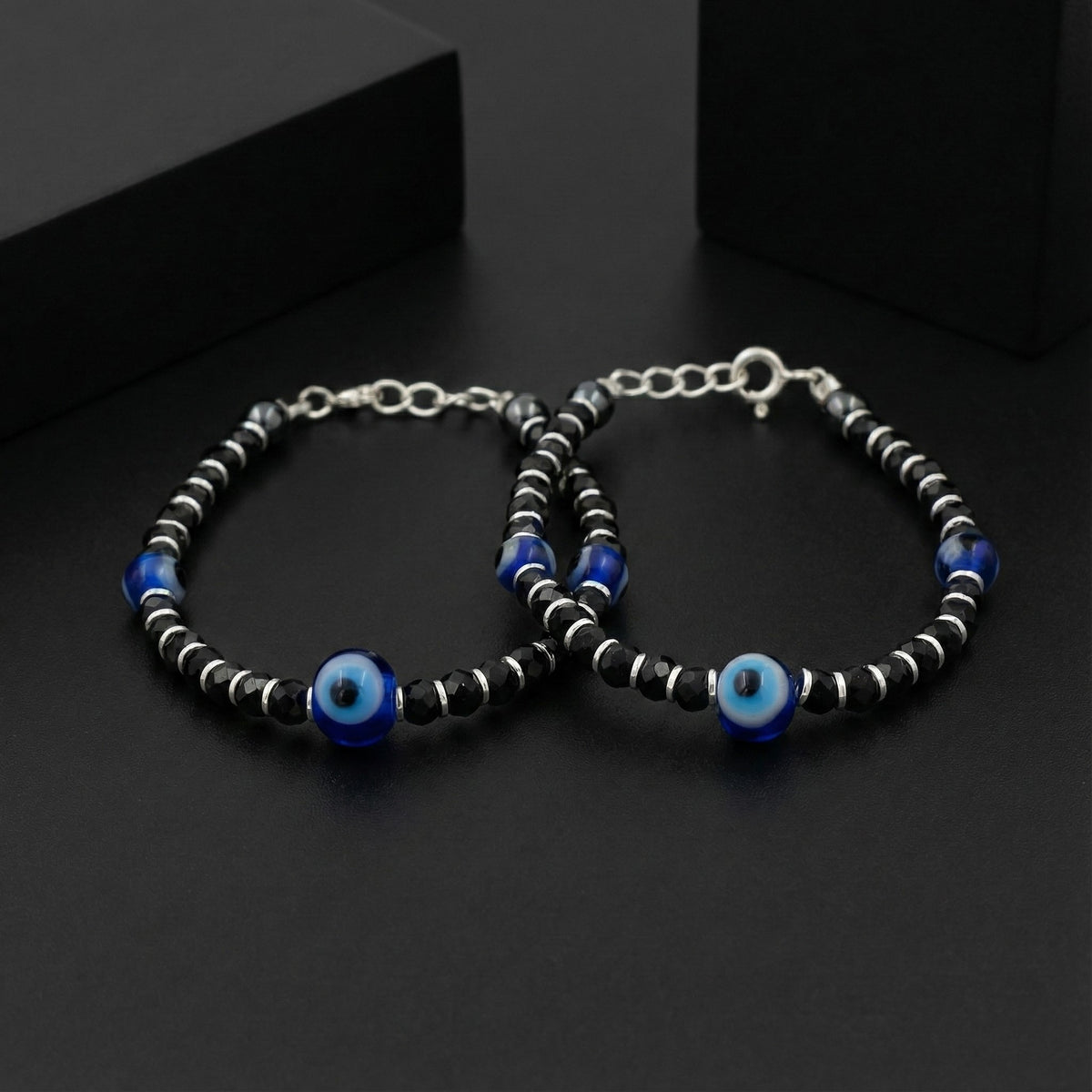 925 Starling Silver Evil Eye Protection Kids Nazariya, Black and Blue Glass Beads, Traditional Turkish Nazar Amulet Design | BJKDNJ-013