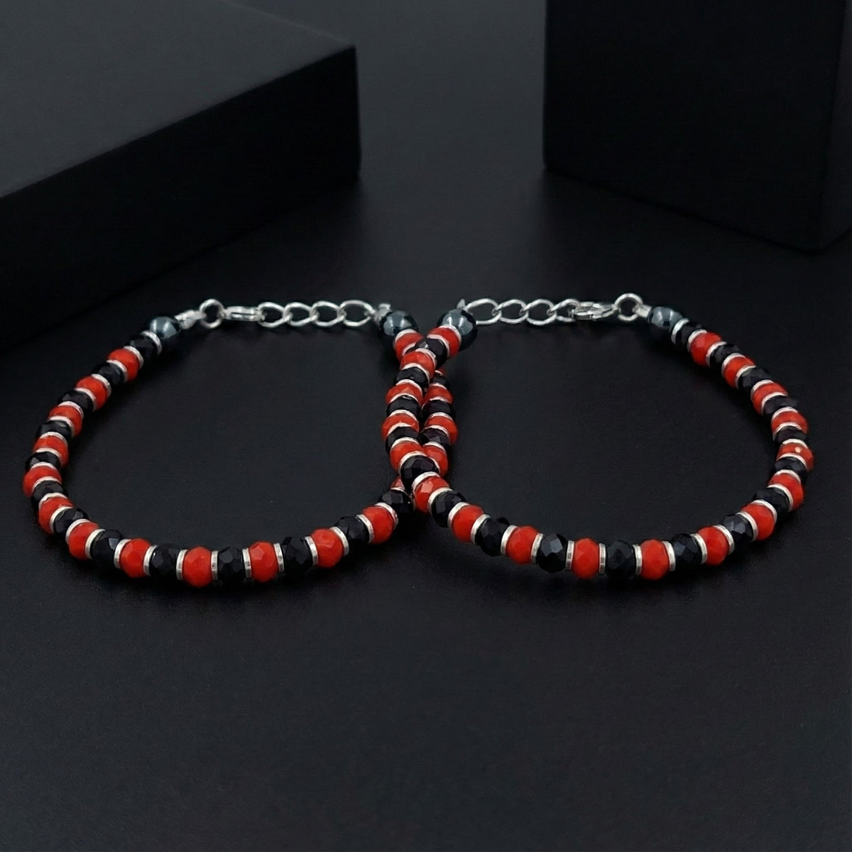 925 Starling Silver Elegant Glass Beaded Kids Nazariya with Crystal Design, Red and Navy Blue Alternating Pattern, Silver Clasp, Statement Jewelry | BJKDNJ-016