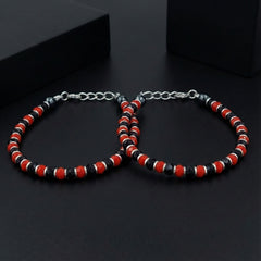 925 Starling Silver Elegant Glass Beaded Kids Nazariya with Crystal Design, Red and Navy Blue Alternating Pattern, Silver Clasp, Statement Jewelry | BJKDNJ-016