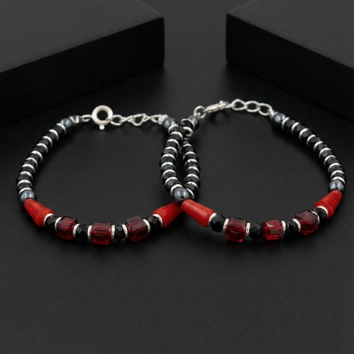 925 Starling Silver Handcrafted Beaded Kids Nazariya, Black and Red Crystal Glass Beads, Silver Metal Accents, Elegant Statement Jewelry | BJKDNJ-012