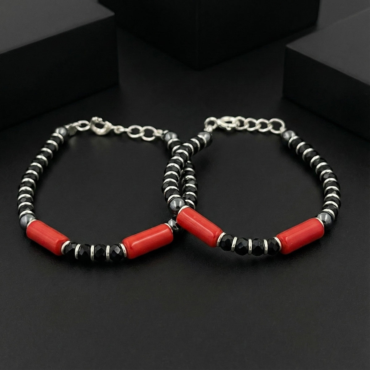925 Starling Silver Handcrafted Beaded Kids Nazariya, Red and Black Glass Beads, Statement Jewelry | BJKDNJ-06