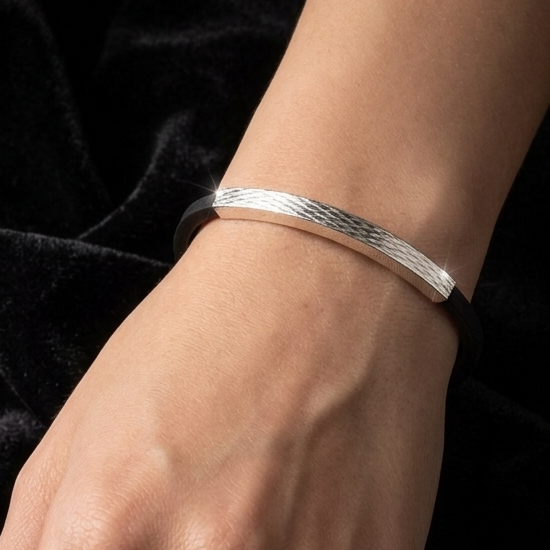 925 Sterling Silver Textured Bar Black Rubber Cord Bracelet