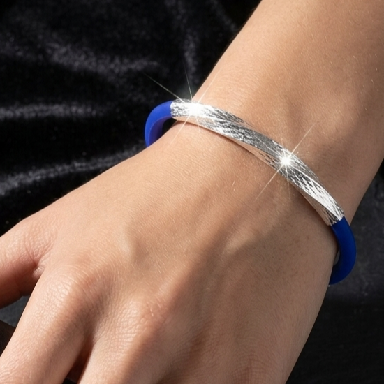 Sterling Silver Twist Diamond-Cut Cobalt Blue Silicon Bracelet |