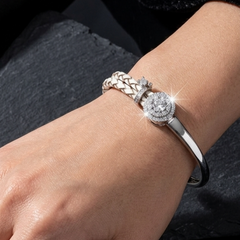 925 Sterling Silver Braided Leather Bracelet with Diamond-Cut Halo Charm – Elegant Silver Bangle for Women