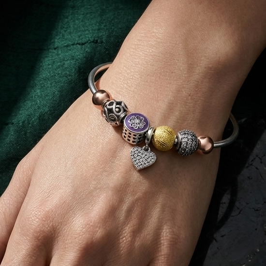 925 Sterling Silver Multi-Charm Bangle Bracelet