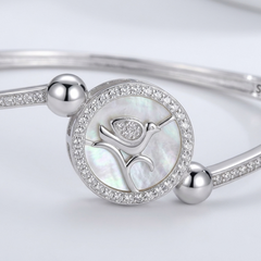 925 Sterling Silver Enchanted Bird Bangle – Genuine Mother of Pearl & Zirconia Accents