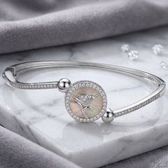 925 Sterling Silver Enchanted Bird Bangle – Genuine Mother of Pearl & Zirconia Accents