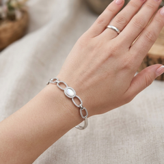 Shimmering Oval Mother of Pearl & Zircon Sterling Silver Link Bangle