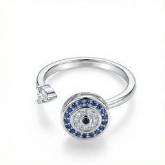 925 Sterling Silver Evil Eye Protection Ring with Blue Sapphire and Diamond CZ, Adjustable Wave Design Band with Black Crystal Accent | BJLR-0003